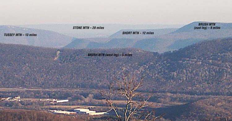 Labled close-up view of the western-most mountains of the Ridge & Valley Region